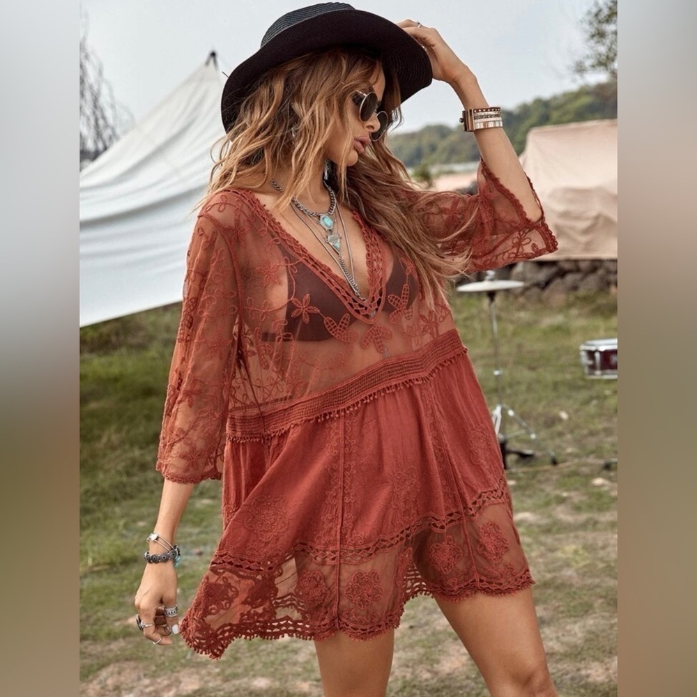 Bohemian Embroidered Floral Lace Sheer Mesh Top Swimsuit Coverup - Picture 4 of 9